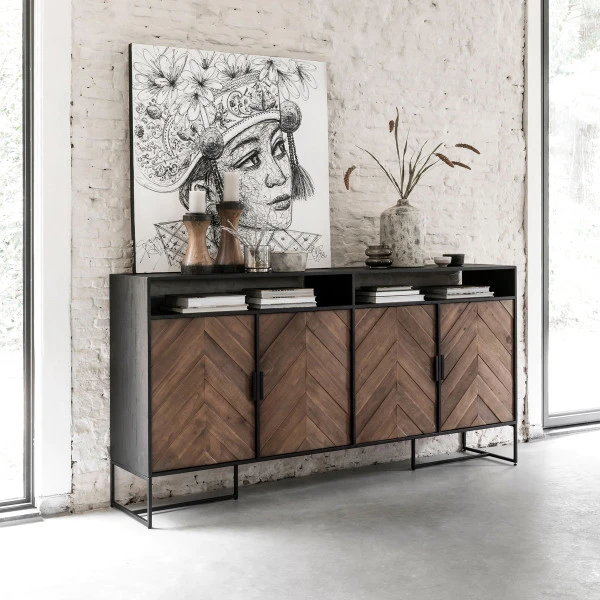 Visgraat Dressoir Zwart Teak - Afbeelding 2