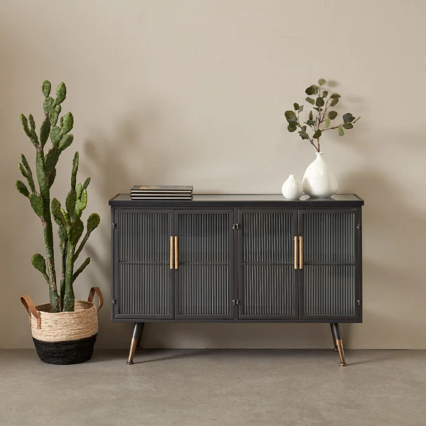 Dressoir Zwart Met Ribbelglas 2 Dressoir Zwart Met Ribbelglas - Afbeelding 2