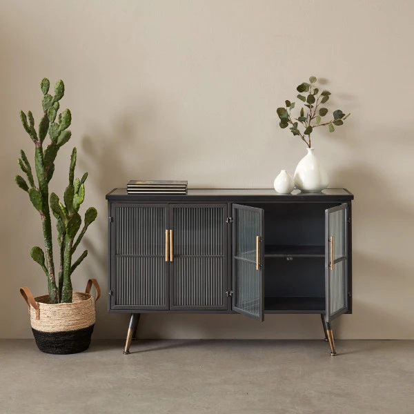 Dressoir Zwart Met Ribbelglas 3 Dressoir Zwart Met Ribbelglas - Afbeelding 3